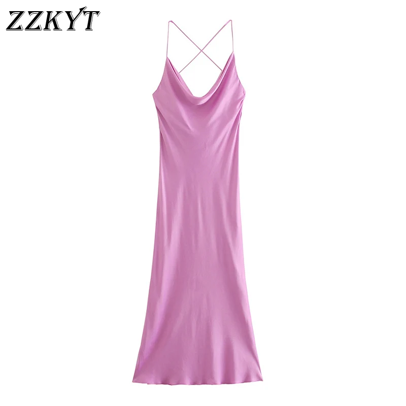 ZZKYT 2021 Women Summer Vintage Solid Silk Satin Texture Midi Dress Sexy Sleeveless Backless Tin Tie Straps Female Party Dresses