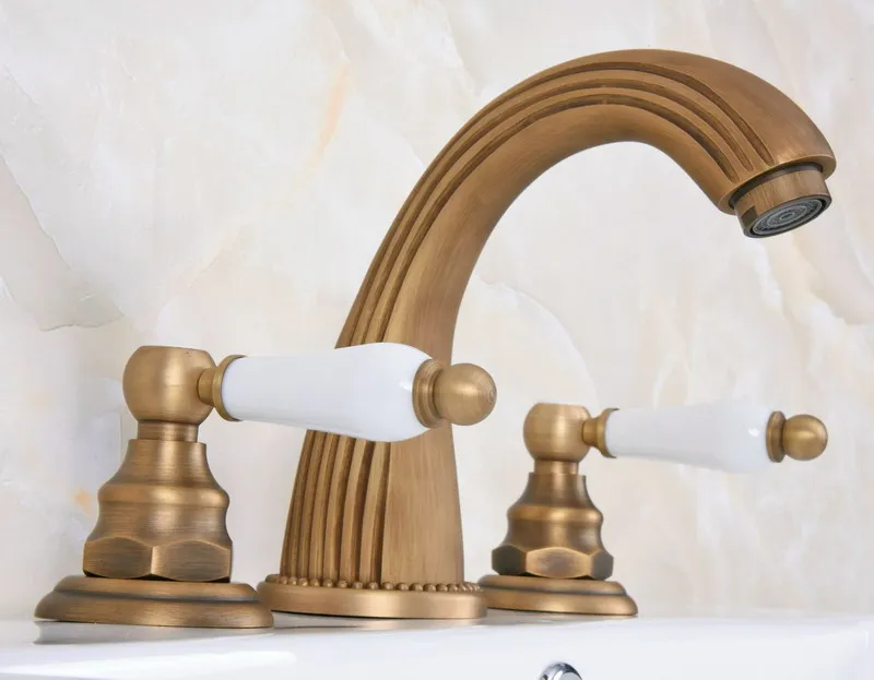 

Antique Brass Deck Mount Widespread Bathroom Sink Faucets 3 Hole Double Ceramic Handle Hot And Cold Water Tap tan070