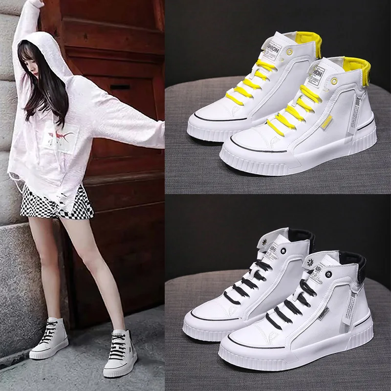 

2021 Winter Rubber Lace-up PU Sneakers Women Vulcanized Shoes Women Mid-heel High-top Casual Shoes Zapatos De Mujer Women Shoes