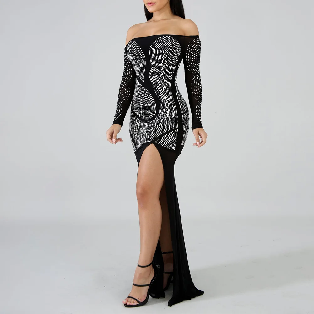 DYMADE Сексуальные вечерние платья с открытыми плечами стразы Сплит элегантное