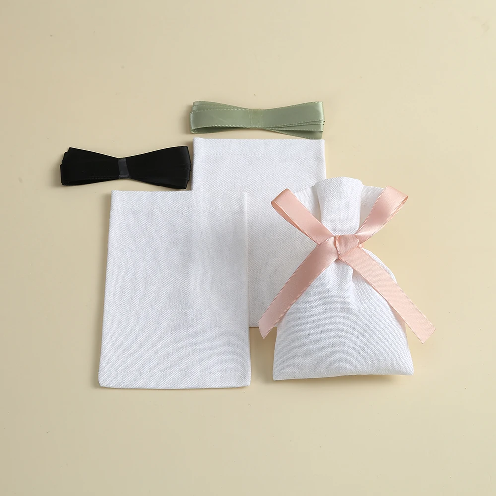 50pcs White Cotton Burlap Jewelry Bag with Ribbon Custom Logo Can Choose Ribbon Color Pouch for Wedding Christmas Candy Gift Bag
