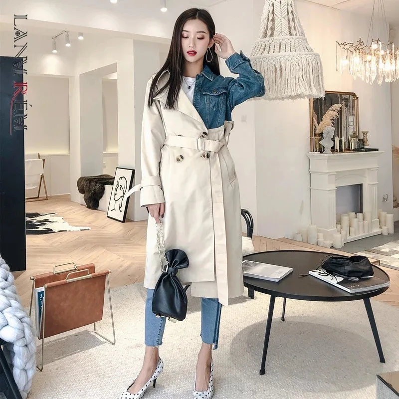 

Тренчкот женский джинсовый с прострочкой, модная свободная Асимметричная ветровка контрастных цветов в повседневном стиле