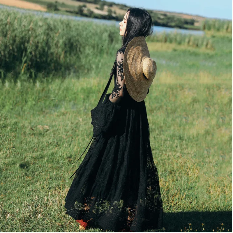 LANMREM 2020 кружевное платье весеннее новое длинное сплошное цветной раструб рукав