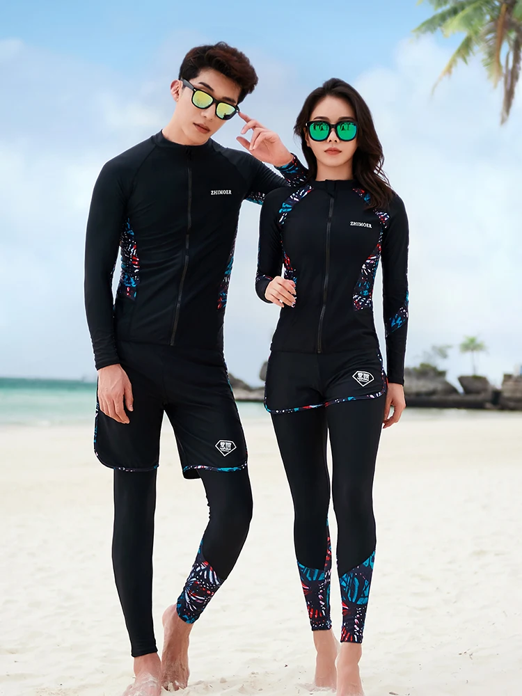 2021 Summer Couple Swimsuit Uv Proof Long Sleeve Bathing Suit Sexy Slim Rushguard Women 5 Piece Set Men 3 Piece Set Diving Suit