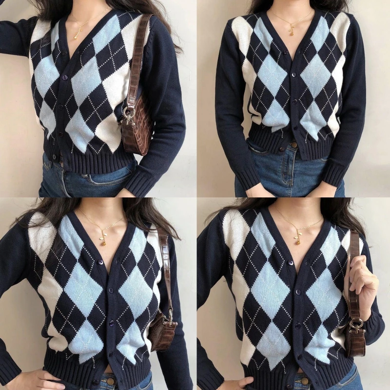 

Women Long Sleeve Button Down Knit Vintage Argyle Plaid Sweater Coat J78E