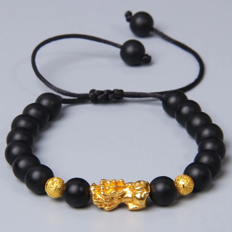 Фэн Шуй Золотой Pixiu Шарм Браслет Женщины Мужчины Черные Стеклянные Бусины Черный
