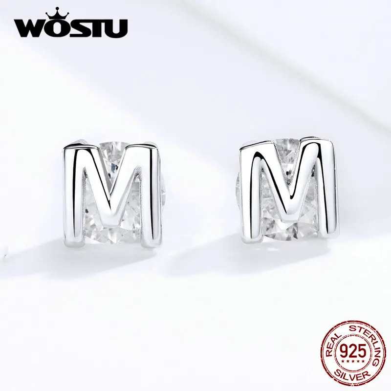 WOSTU настоящие 925 пробы серебряные серьги-гвоздики с алфавитом м модные буквы циркония маленькие серьги для женщин ювелирные изделия FIE739