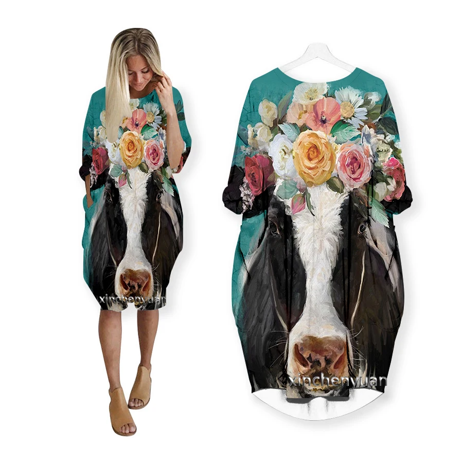 

Бандана xinchenyuan из коровьей кожи с 3D принтом, модное Повседневное платье средней длины, женская одежда с карманами, Топ с длинным рукавом W26