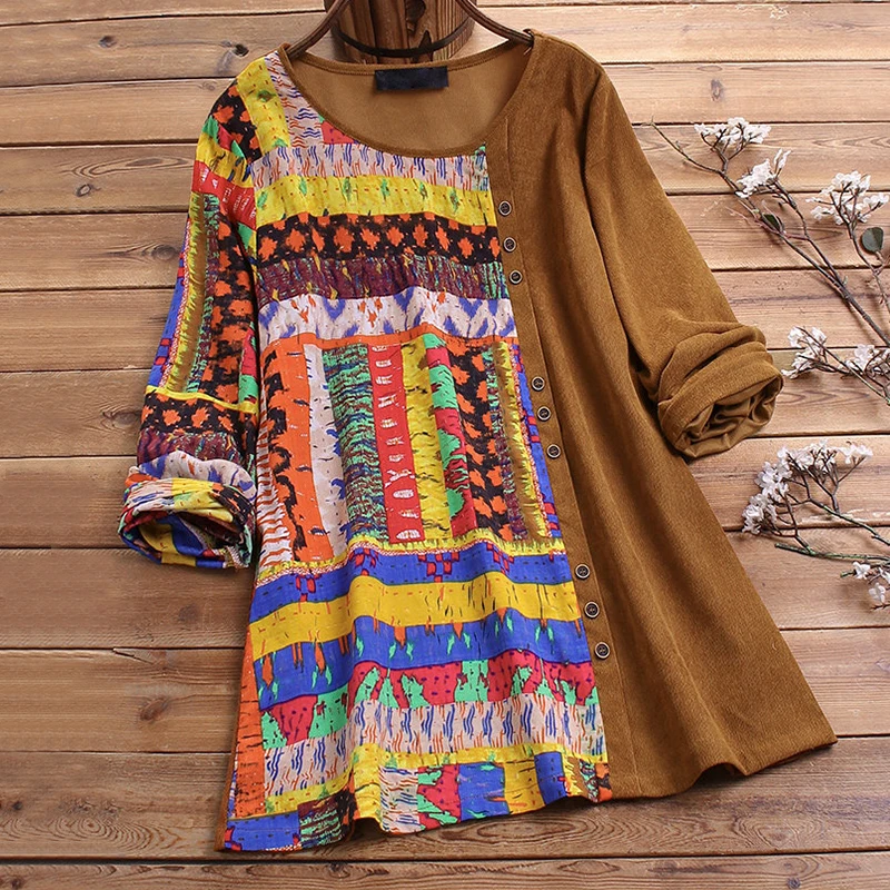 Туника женская с винтажным принтом повседневные Лоскутные пуловеры круглым