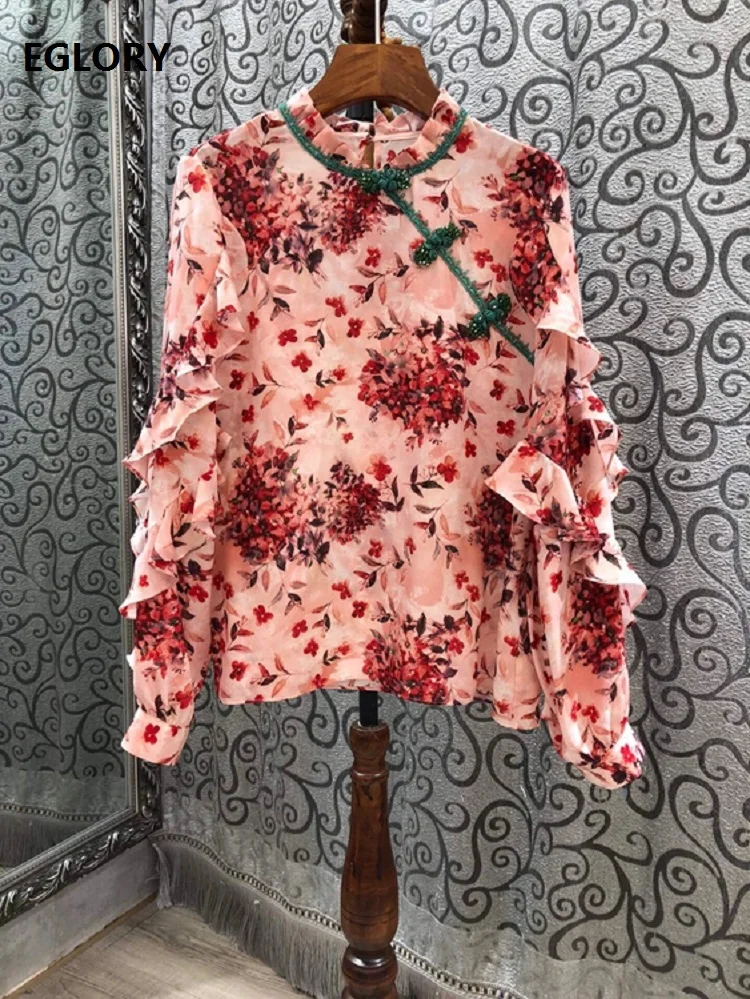 

100%Silk Tops New 2021 Spring Summer Blouses Women Charming Floral Print Ruffle Deco Long Sleeve Pink Blue Vintage Tops Female