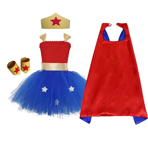 Dress with a set 1 комплект, платье-пачка для девочек с героями мультфильма «чудо-женщина», Платья для вечеринок на день рождения с героями мультфильма «супергерой», костюм на Хэллоуин для детей - Цвет: Dress with a set