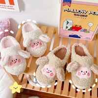 2021 winter women home cotton slippers indoor soft plush slides warm furry flat shoes hairy cartoon cute lamb slippers with ears