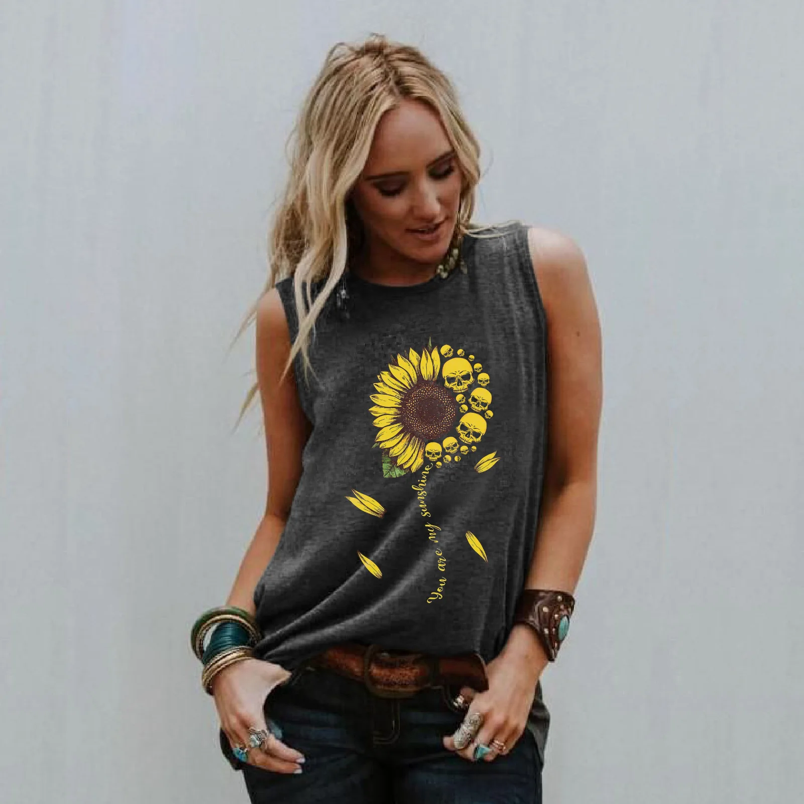

2021 Summer New Sunflower Loose Mid-length Sleeveless Vest Comfortable Breathable Round Neck Women