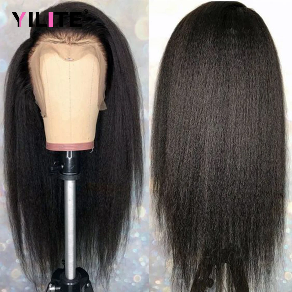 

150% Density Indian Human Hair Front Wig Swiss HD Lace Front Wig 1B Black Color Kinky Straight 13x4 Lace Frontal Human Hair Wigs