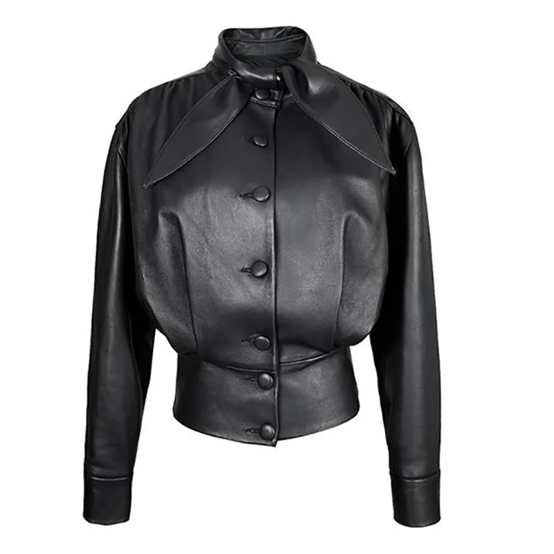 

2020 Autumn short Faux Leather Jacket Winter Women's Black PU Leather Jacket Bow decoration leather Motorcycle Jacket woman