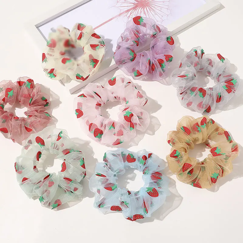 Summer Organza Hair Bands Strawberry Printed Ponytail Ring Accessories Fashion Women Bright Color Ties Girls Headwear |