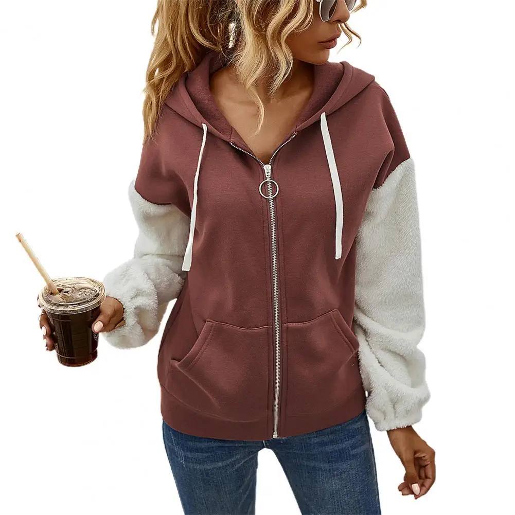 

Толстовка Женская на молнии, плюшевый Свитшот контрастных цветов в стиле пэчворк, худи с капюшоном и кулиской, уличная одежда