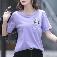 gracetaste fashion summer 2021 womens cotton loose short sleeve t shirt ladies bamboo cotton lovely bunny embroidery tees