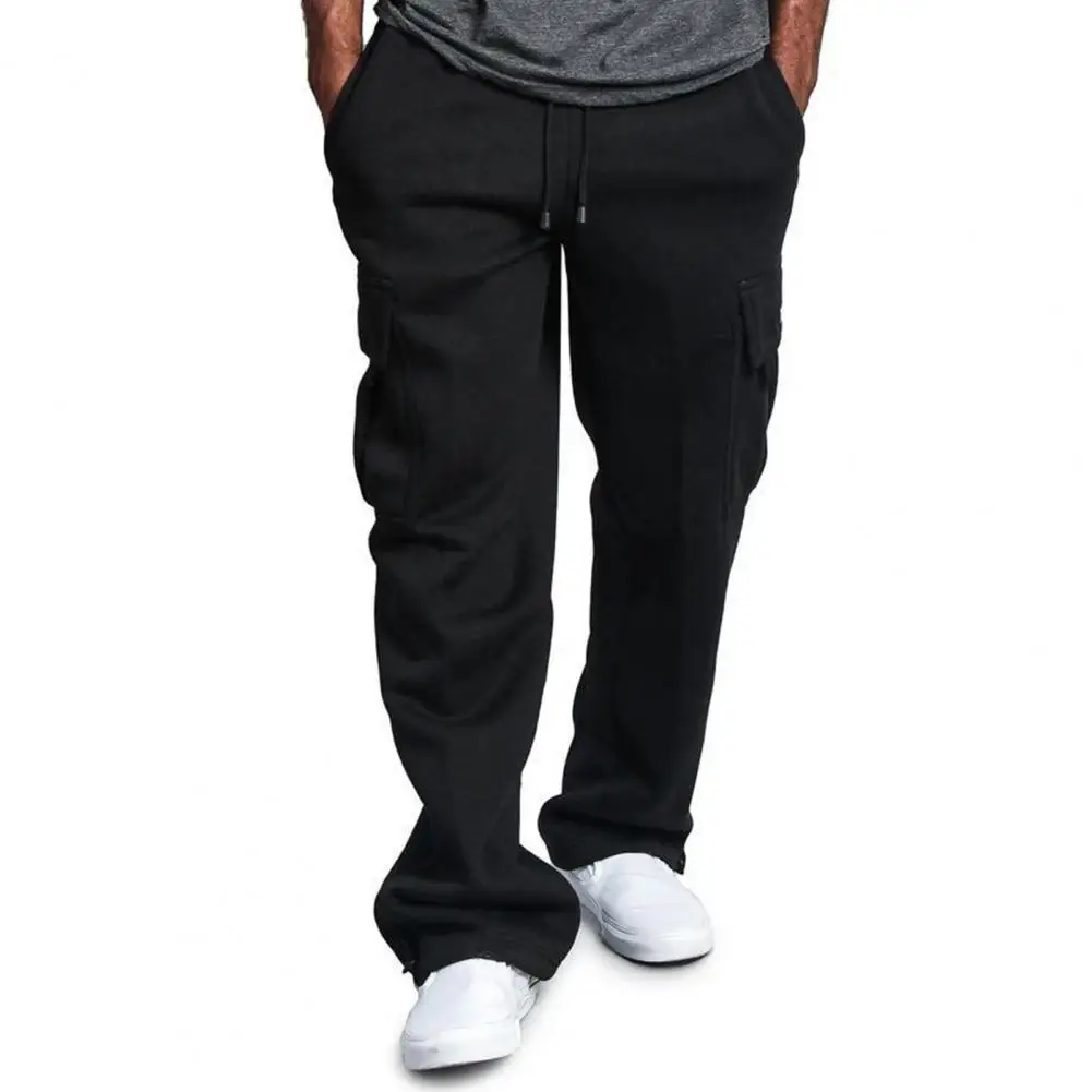 

Men Solid Color Multi Pockets Trousers Drawstring Loose Sports Straight Pants