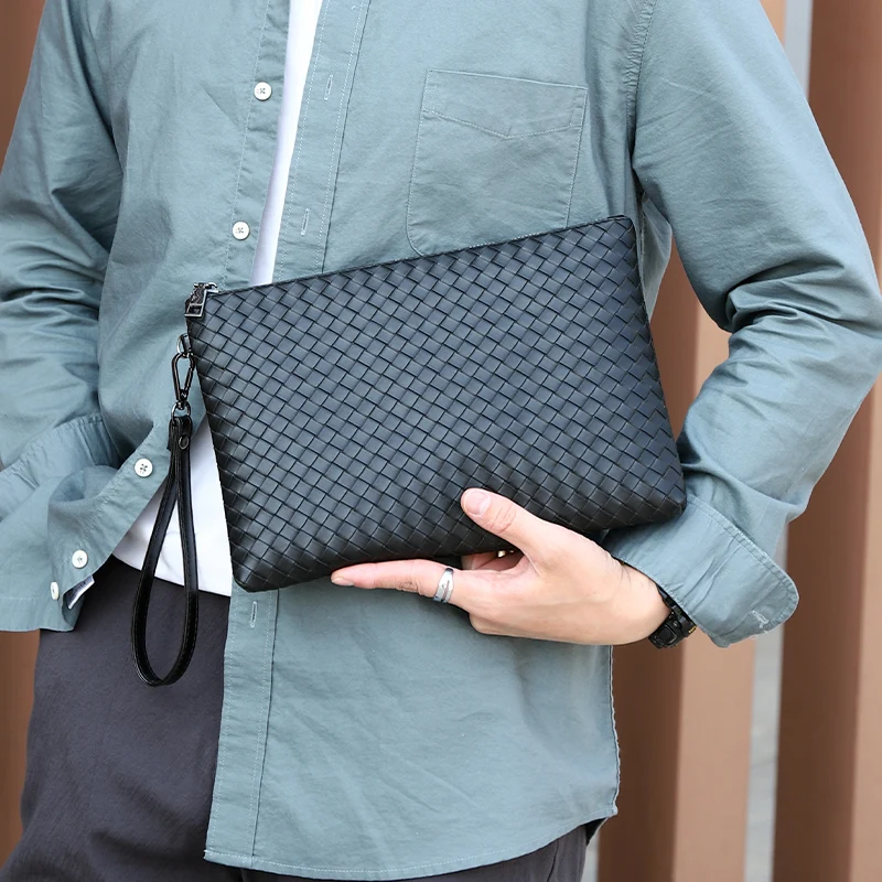 Модная кожаная мужская сумка-клатч, брендовая плетеная Сумка из искусственной кожи, классическая черная вместительная сумка-конверт, новин...