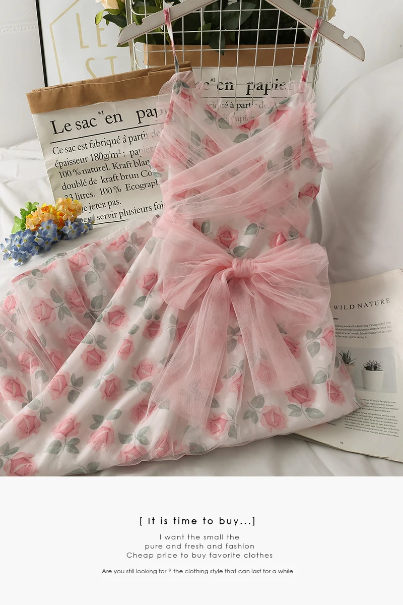 

Mesh Stitching Bowknot High Waist Slim Mid-length Dress Women 2021 New Sweet Print Suspender Dress