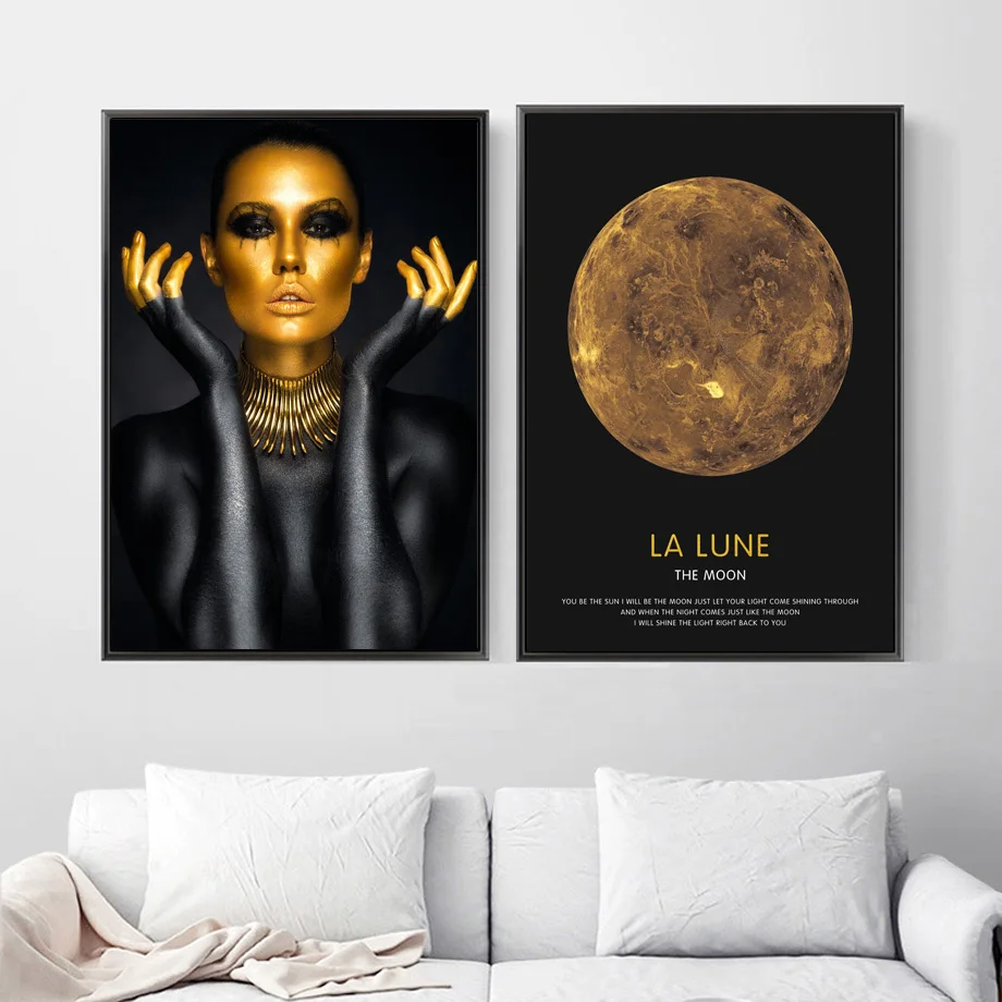 Модная модель девушка настенная Картина на холсте Золотая Луна скандинавские