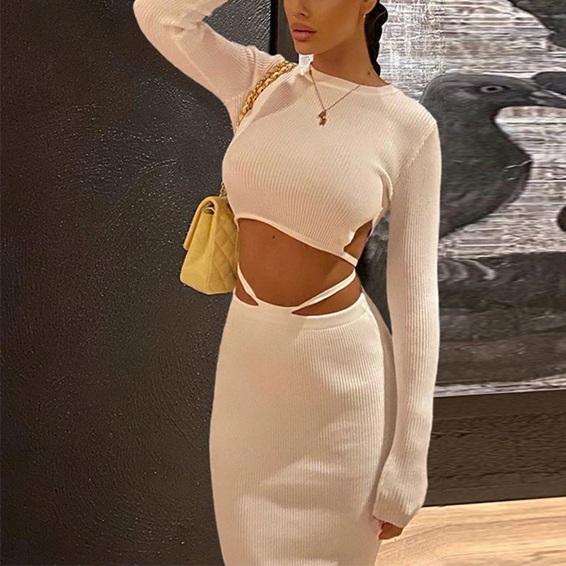 

Sexy Blue Party 2 Piece Set Women 2021 Autumn Crop Top Long Skirts Matching Sets Clubwear Bodycon Lady Outfits O-neck Sets G3254