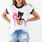 Черная кошка в Розовая обувь на высоком каблуке с принтом Харадзюку Каваий футболка для женщин Забавные футболки кота Топ lover Футболка женская белая футболка