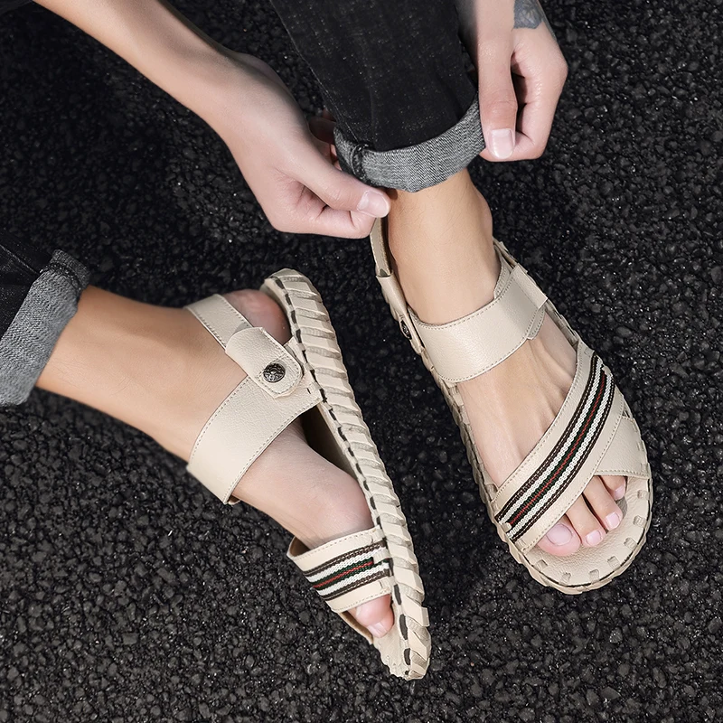 

CYYTL Summer Genuine Leather Outdoor Soft Shoes Men Sandals Handmade Classic For Male Slide Walking Beach Sandalias Hombre