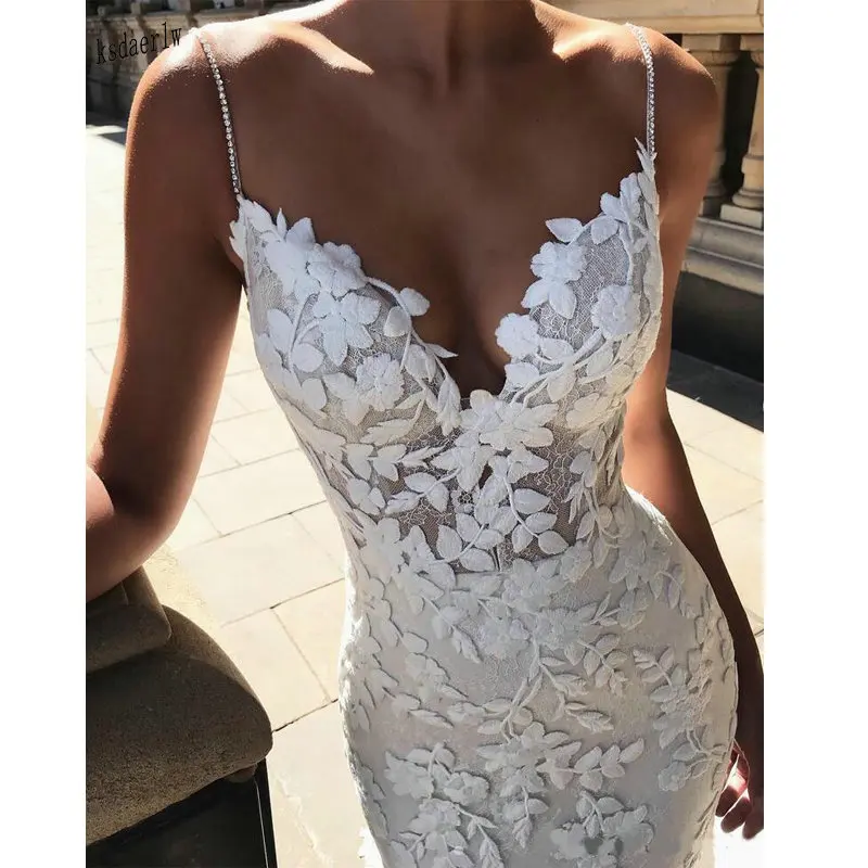 

2021Sexy Wedding Dresses Mermaid 3D Floral Applique Lace backless V Neck Sweep Tulle Train Plus Size boho Bridal Gowns