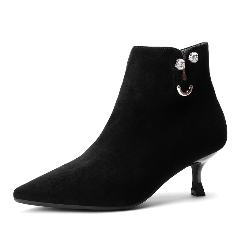 black 3 Женские ботинки г. Зимние однотонные черные короткие резиновые ботильоны на молнии теплые зимние ботинки из флока на тонком высоком каблуке с острым носком - Цвет: black 3