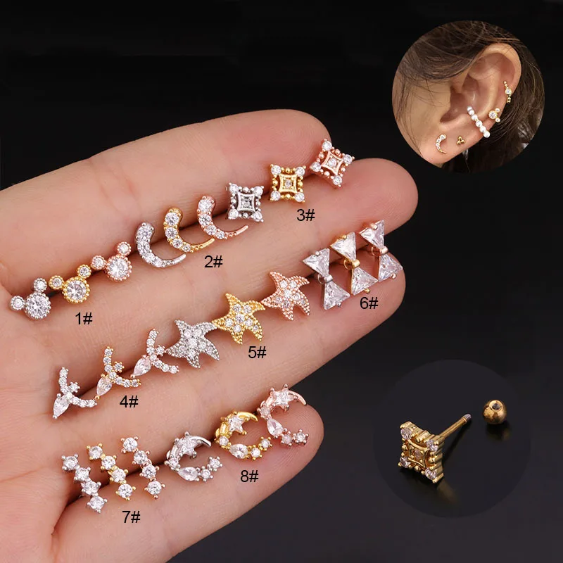 

1PC Starfish Bowknot Crystal Cartilage Stud Earrings Stainless Steel Tragus Conch Lobe Screw Back Earring Piercing Jewelry