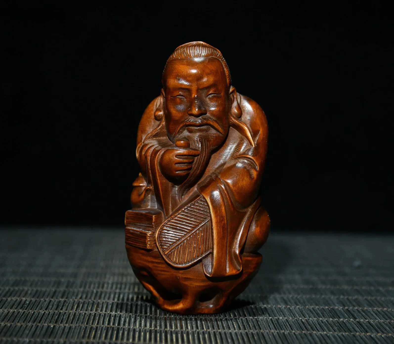 

4"Tibet Temple Collection Old Boxwood Tea saint Lu Yu statue Gather wealth Office Ornaments Town House Exorcism