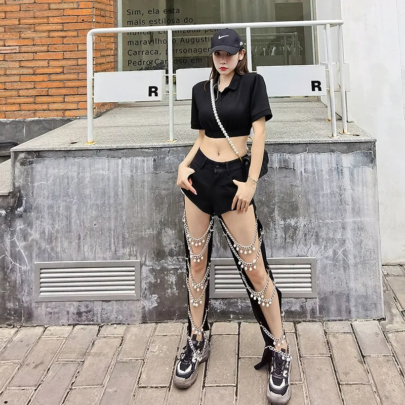 

Hollow Out Sexy Slacks Pearl Chain Jeans Girl Group Stage Bomb Street Streetwear Women Jeans Hip-hop Punk Pants