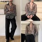 Мужская сетчатая Модная рубашка с длинным рукавом, Черные блузы с принтом, Повседневная Свободная блузка, уличная одежда, топы с отворотами для вечевечерние и клубов