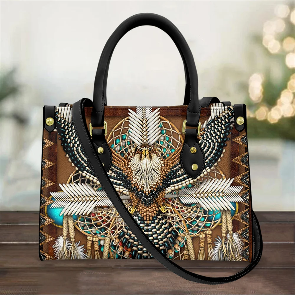 

Brand Designer Luxury Leather Top-handle Bags Women Vintage Southwest Native Tribal Hummingbird Pu Female Shoulder Handbag Purse