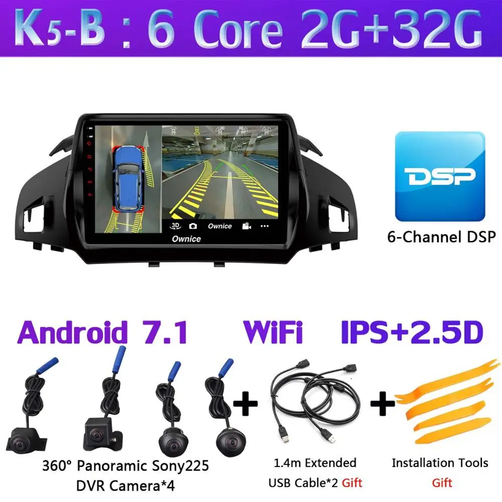 K5-B Панорамная камера 360 ° 4G SIM WiFi Android 9,0 4G+ 64G SPDIF DSP CarPlay Автомобильный плеер для Ford Kuga 2013- C-Max gps радио - Цвет: K5-B