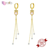 crystal owl dangle earrings for women gold color 925 sterling silver ear buckle animal tassel drop earrings females jewelry