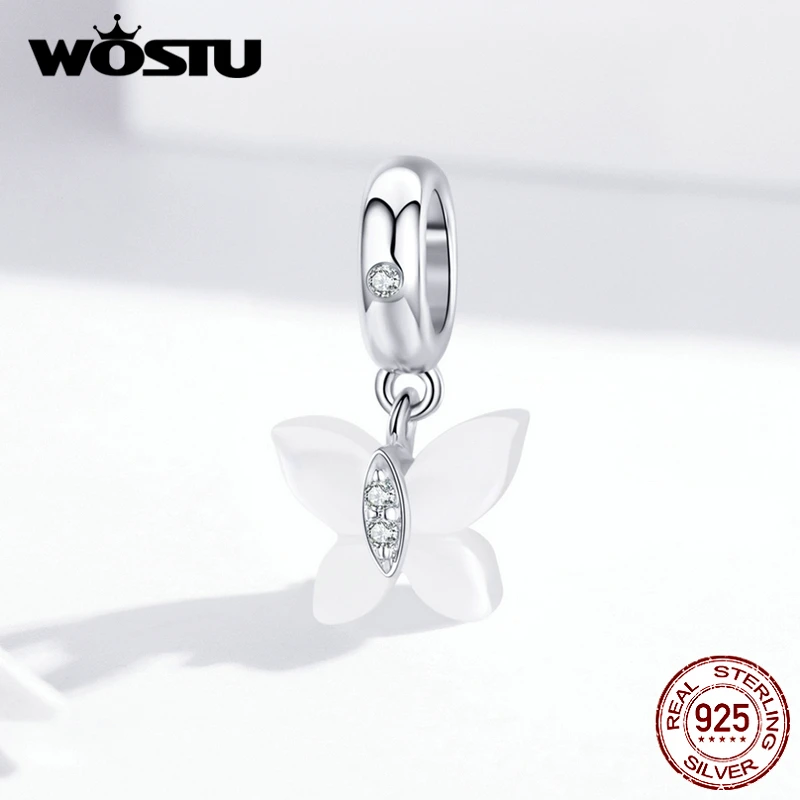 WOSTU реальные 925 пробы серебро белый Бабочка мотаться Подвески подходят к оригинальному браслету, бусины-подвески для свадьбы Модные украшения CQC1414