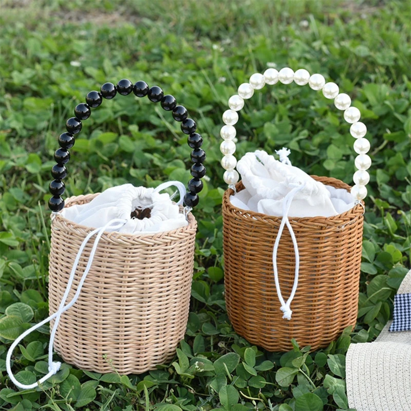 

Portable Round Rattan Woven Storage Bag with Pearl Handle Rattan Basket Picnic