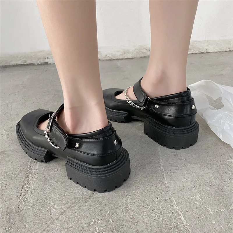 Women's y2k Gothic Punk Chain Shoes Chunky Platform Wedges Square Toe Motorcycle Shoes Fashion Designer Black Leather Flats 2022