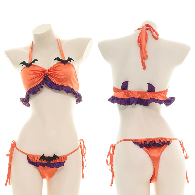 

NeW Cute Lolita Girls Halloween Cosplay Little Devil Pumpkin Ruffle Bikini Lingerie Set 2 Pcs Bandage Sleepwear Panties Set