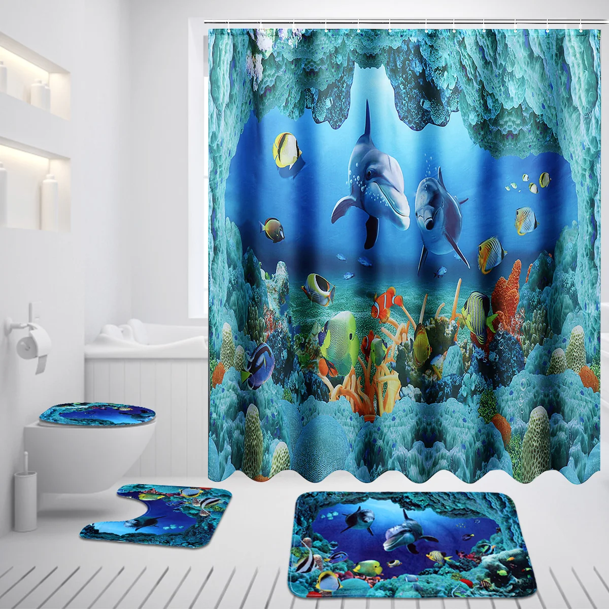 

Xueqin Ocean Dolphin Deep Sea Shower Curtain Polyester Waterproof Curtains Bathroom Pedestal Rug Lid Toilet Cover Bath Mat Set