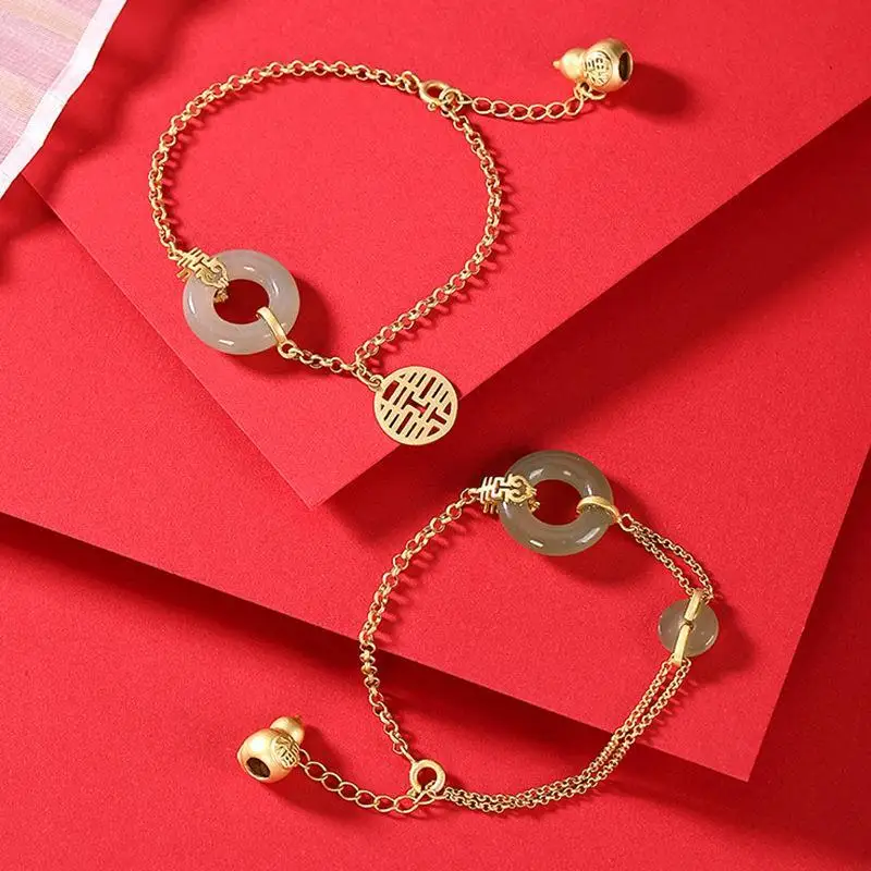 

Original design natural Hetian jade safe buckle gourd bracelet Chinese retro creative charm women's silver jewelry