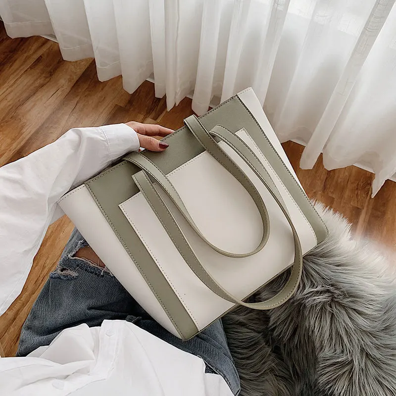

Contrast Color PU Leather Shoulder Bags Designer For Women Female Luxury High Capacity Handbags Lady Winter Quality Hand Bag