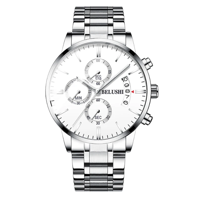 Silver White Belushi Модные мужские кварцевые часы хронограф мужские спортивные часы водонепроницаемые часы Многофункциональный ночник мужской - Цвет: Silver White