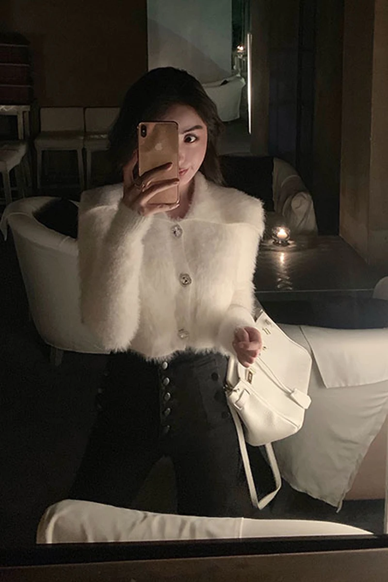 

Mazefeng Winter Women Cardigan sweater Women Coat Faux Fur Knitted Sweater Korean Button Cardigan Female Soft Warm Women Tops
