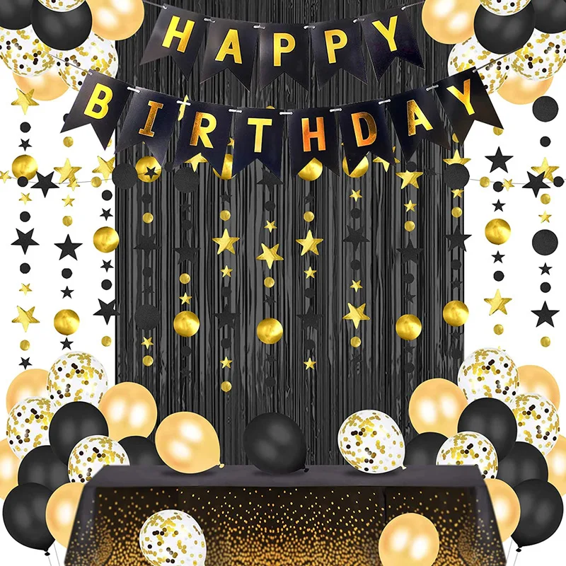 

Black Gold Latex Balloons Set Birthday Party Supplies for Girls Boys Men with Foil Rain Curtain Paper Banner Tablecloths