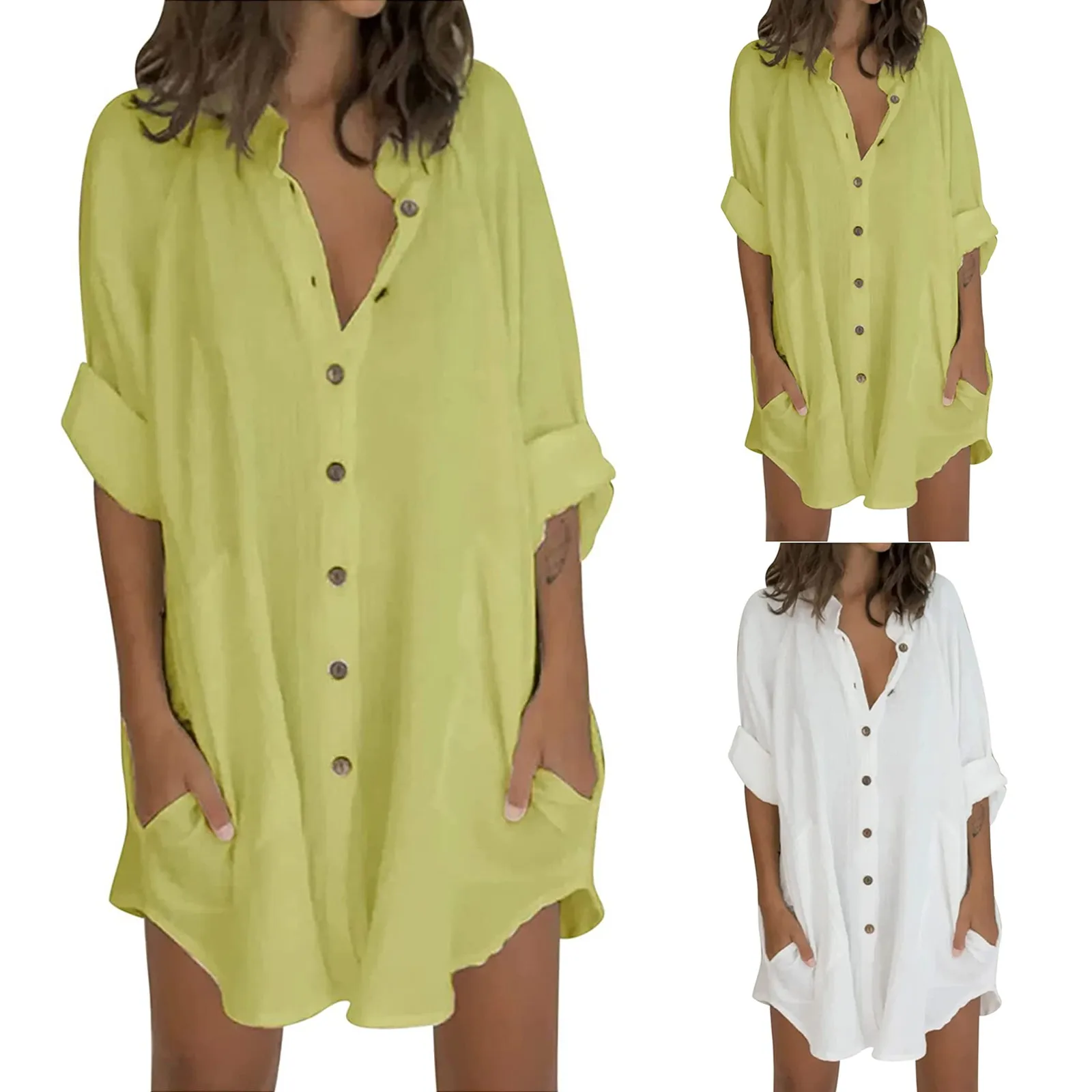 

Woman Dress Linen Shirt Dress Pocket Oversized Half Sleeve Knee-length Dress Loose Casual Women Dresses Summer Vestido De Mujer