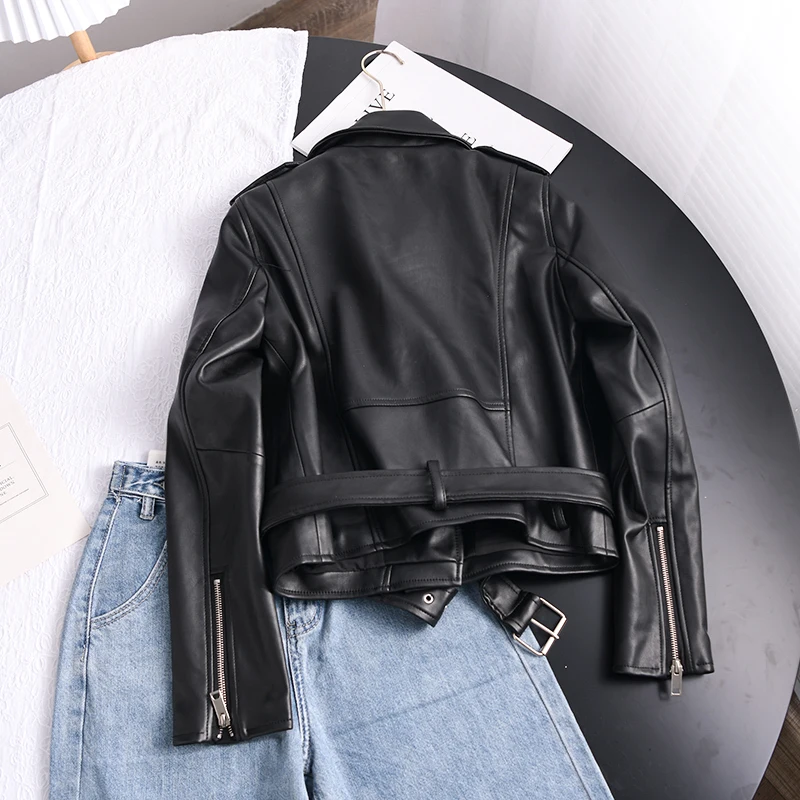2022 Winter Gothic Faux Leather Short Jacket with Belt Women Lapel Pu Leather Coat Black Zipper Moto Biker Outwear Za Jackets